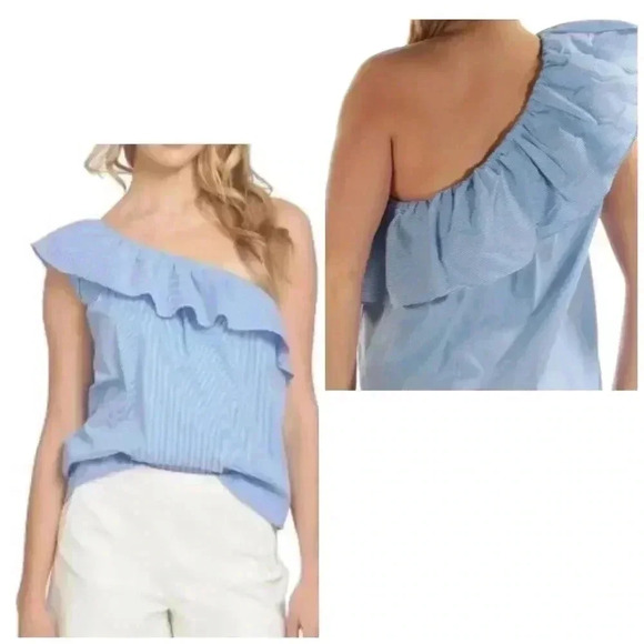 🆕 Sweet Wander Cold Shoulder Ruffle Top Blue S🆕 - Picture 1 of 7